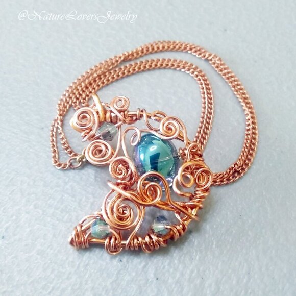 Uniquely Handmade & Wire Wrapped Copper Moon Pendant + Chain ~ Curlz + Swirlz! - Picture 2 of 9